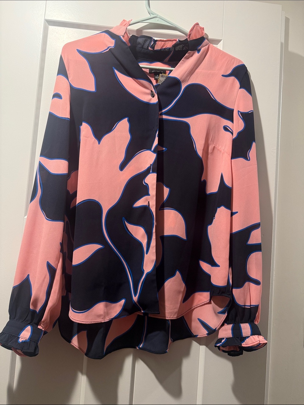 Ann Taylor Pink and Black Abstract Floral Button-Front Blouse